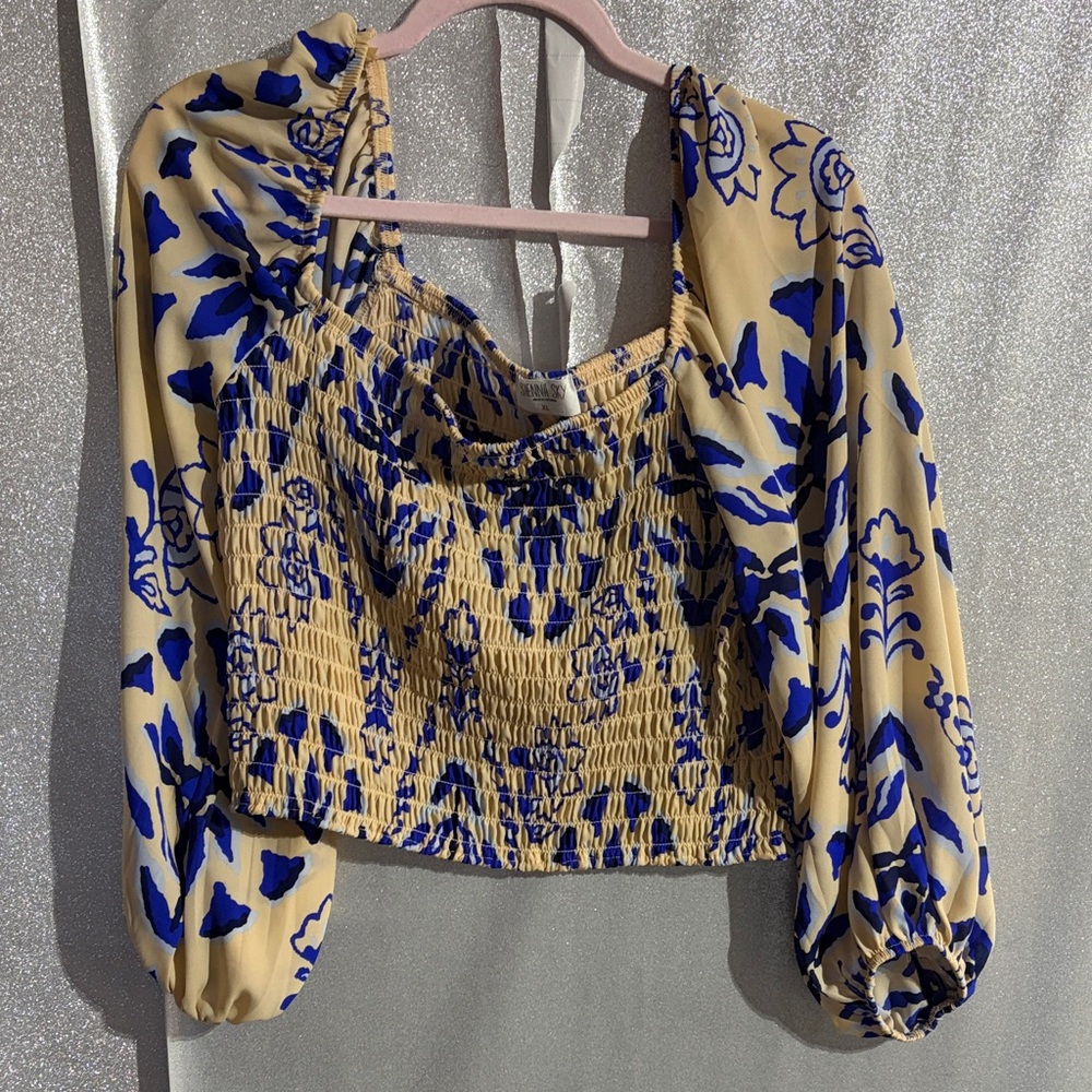 Sienna Sky Blue and Tan Floral Blouse